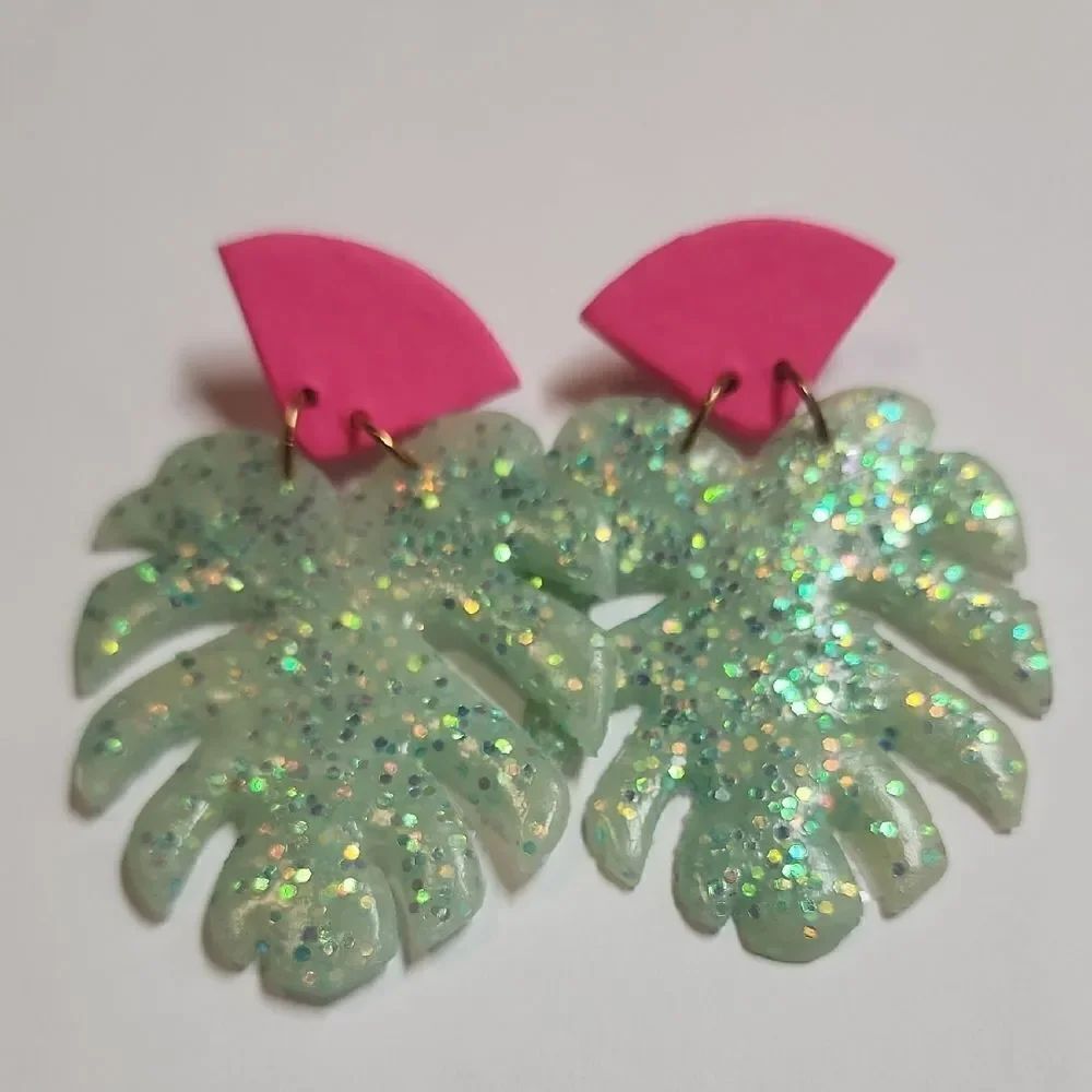 Pink and Glitter Leaf Earrings